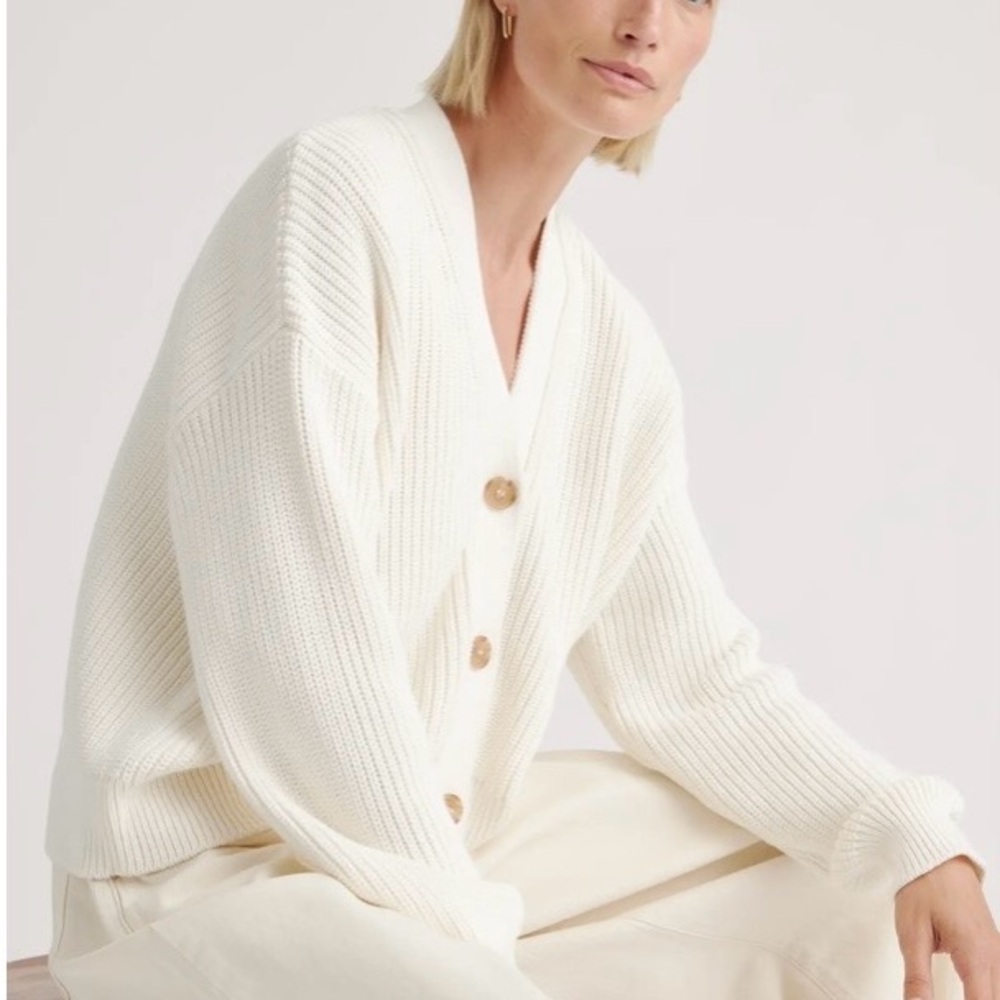Quince 100% Organic Cotton Fisherman Boxy Cardigan in Ivory - Picture 2 of 4